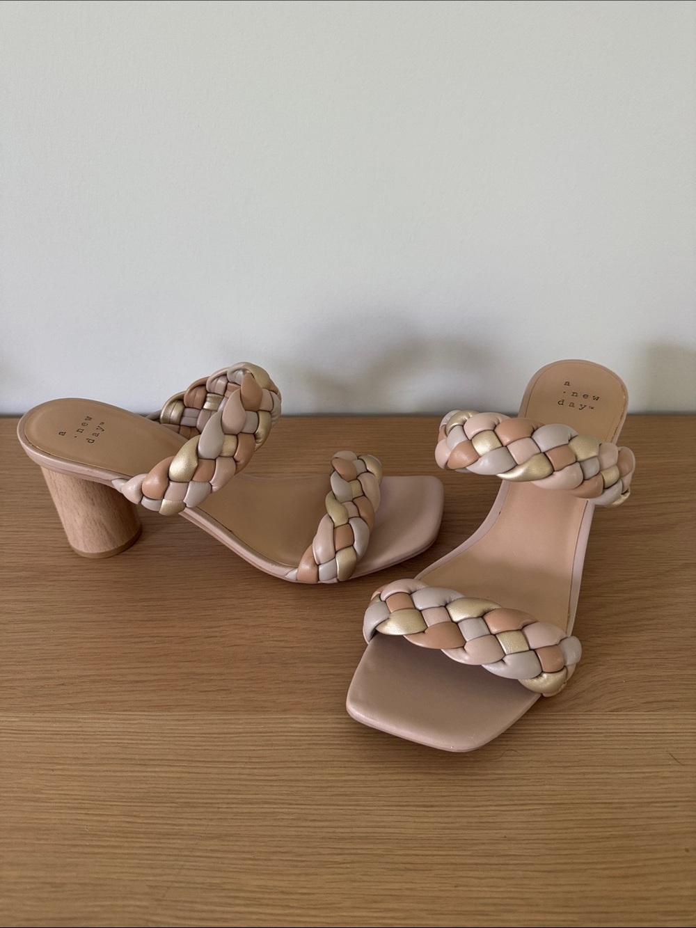 a new day Braided Two-Strap Block Heel Sandals in Beige and Cream